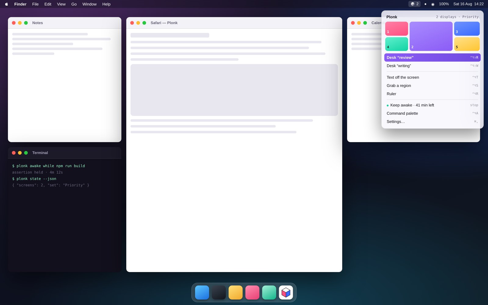 The Plonk menu bar showing a zone set, saved workspaces, capture and ruler actions, and a keep-awake timer