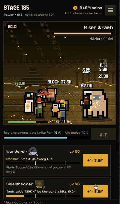 The game window: on stage 185 the party fights the Miser Wraith with its skills while coins buy levels for the Wanderer and the Shieldbearer